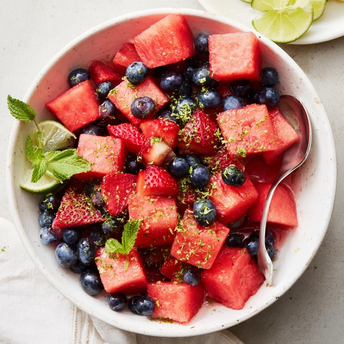 Fresh watermelon fruit salad bowl with strawberries, blueberries, mint and lime zest garnish