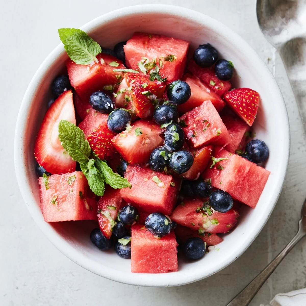 Summer watermelon recipe featuring colorful mixed berries drizzled with citrus dressing and fresh herbs