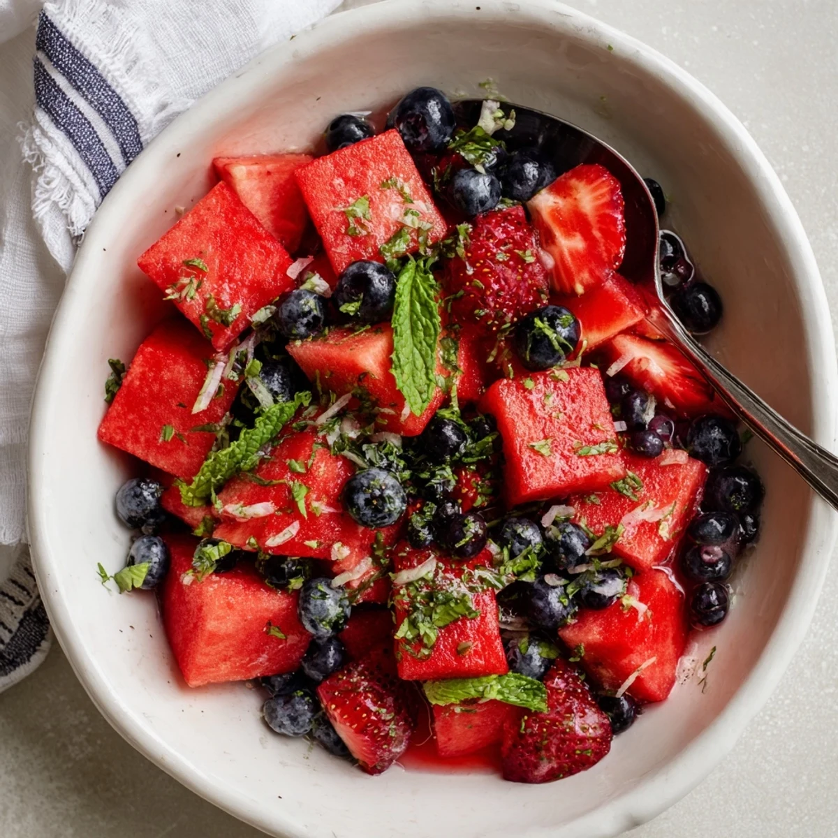 Refreshing watermelon delight salad with ripe strawberries, blueberries, mint and lime on white serving dish