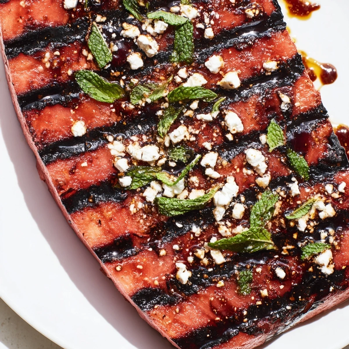 Grilled watermelon steak with caramelized grill marks and fresh mint garnish on a white plate