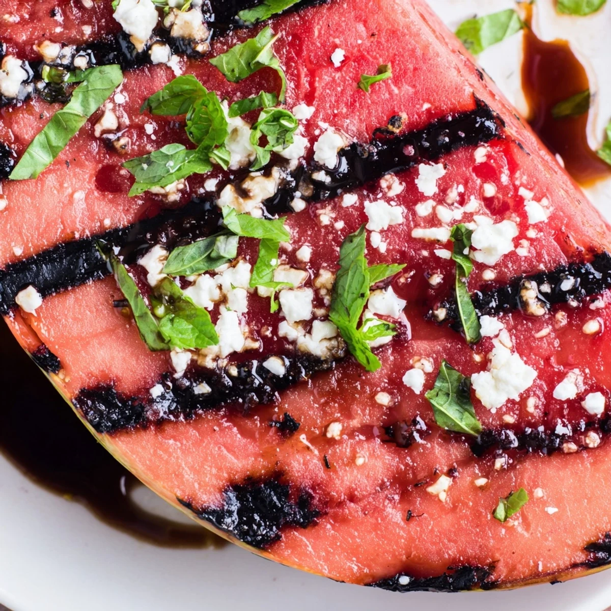 Juicy watermelon steak recipe featuring balsamic glazed slices topped with vegan feta and flaky sea salt