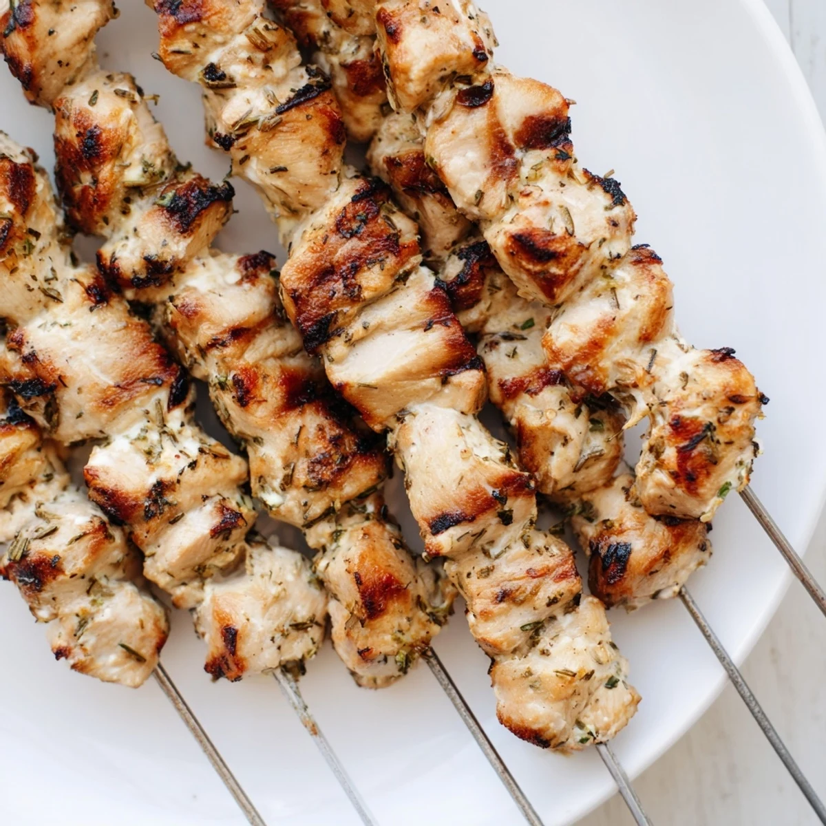 Golden grilled Greek yogurt marinated chicken skewers with herbs and charred edges on a plate