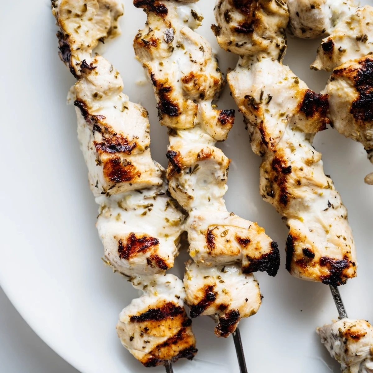 Tender Greek yogurt marinated chicken skewers threaded onto sticks fresh off the grill with smoky grill marks