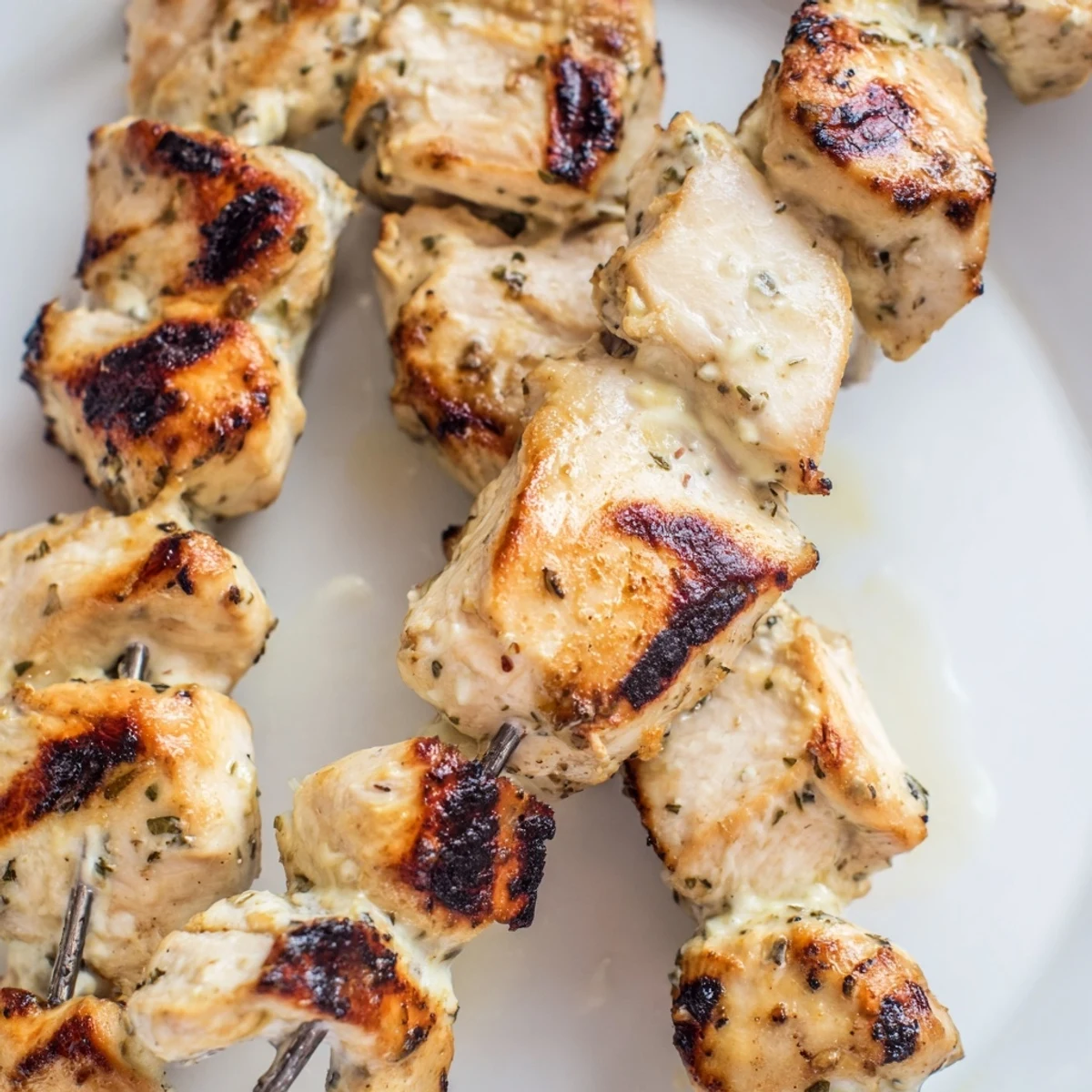 Juicy Greek yogurt marinated chicken skewers served with lemon wedges and fresh parsley on a wooden board