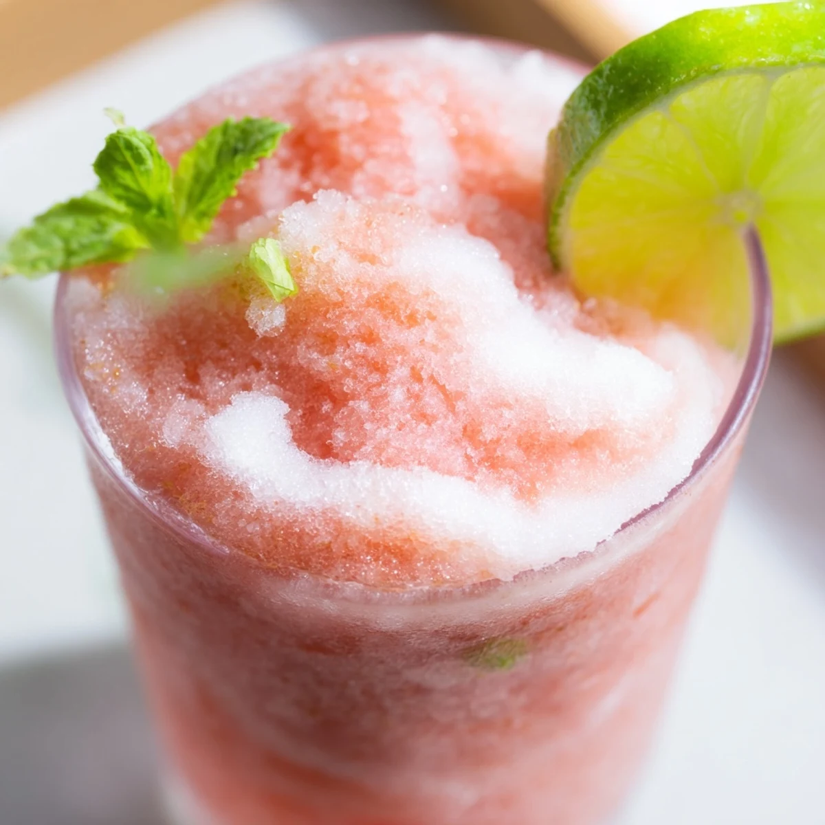 Bright pink coconut lime watermelon slushie garnished with fresh mint and lime wedges in clear glasses
