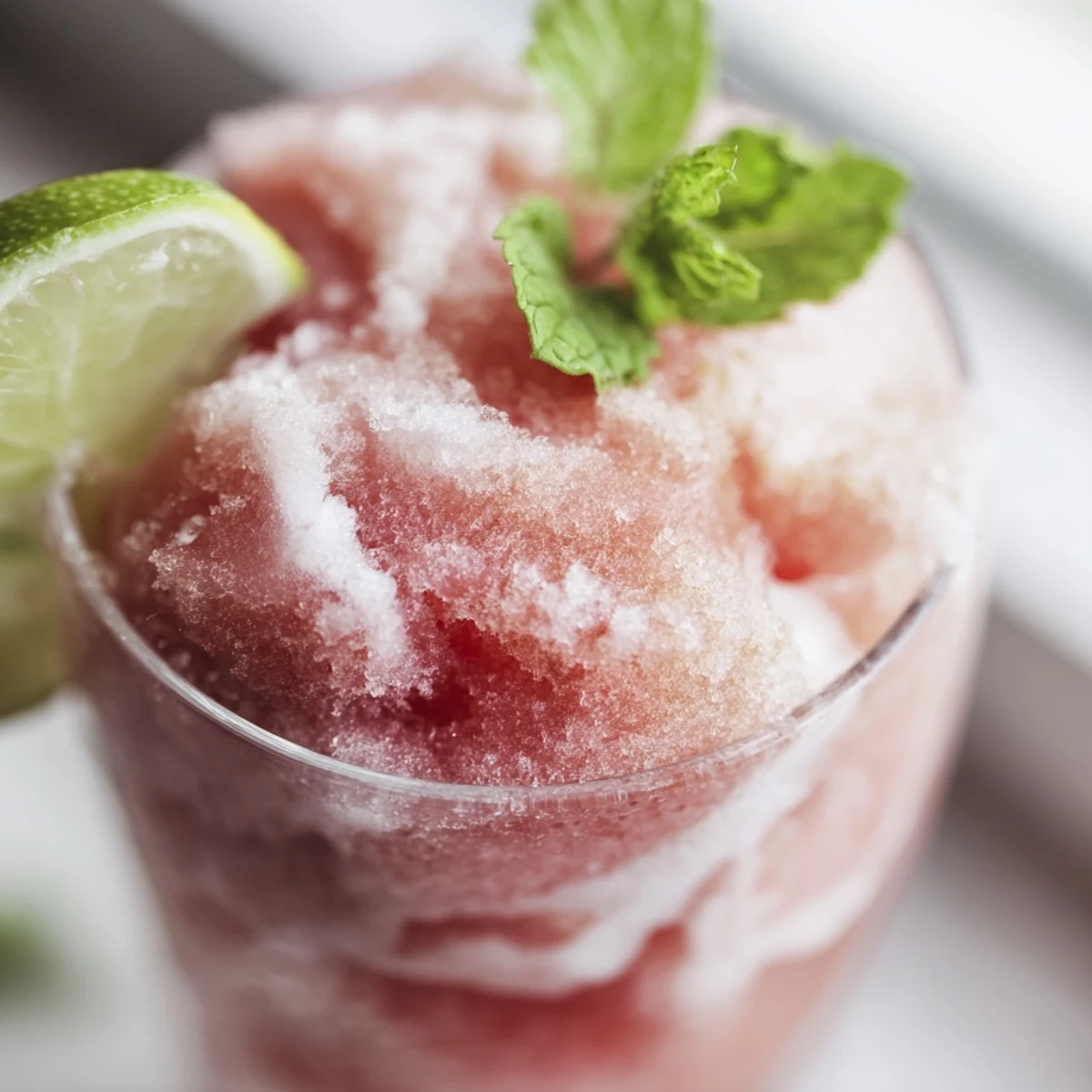 Frosty glass of coconut lime watermelon slushie topped with fresh mint leaves on a wooden table