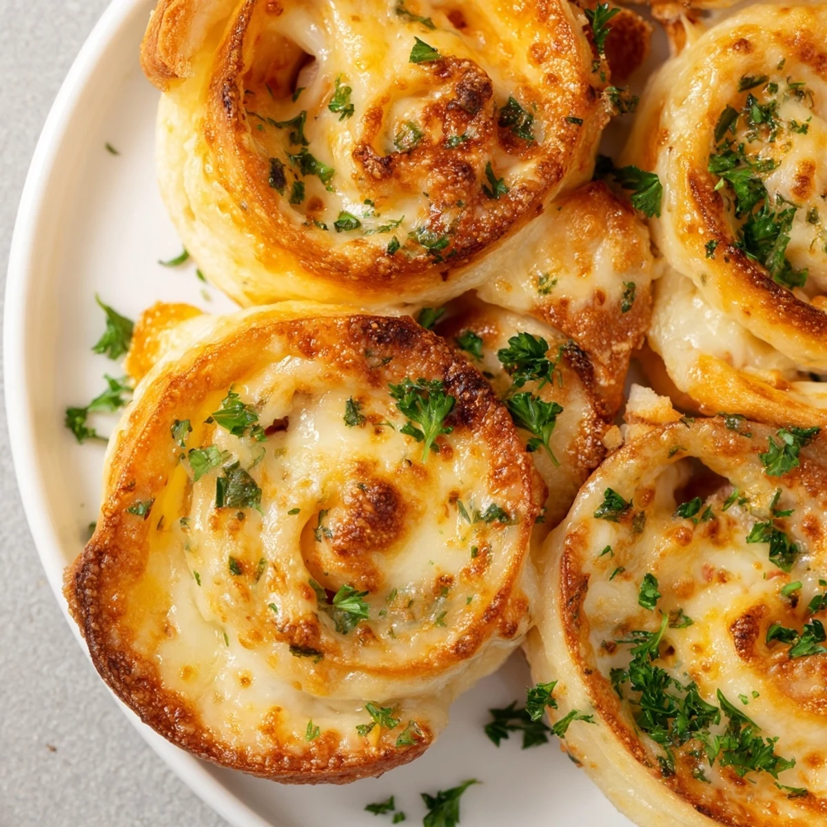 Golden brown cheesy garlic butter rollups brushed with melted butter and fresh parsley on a white baking sheet