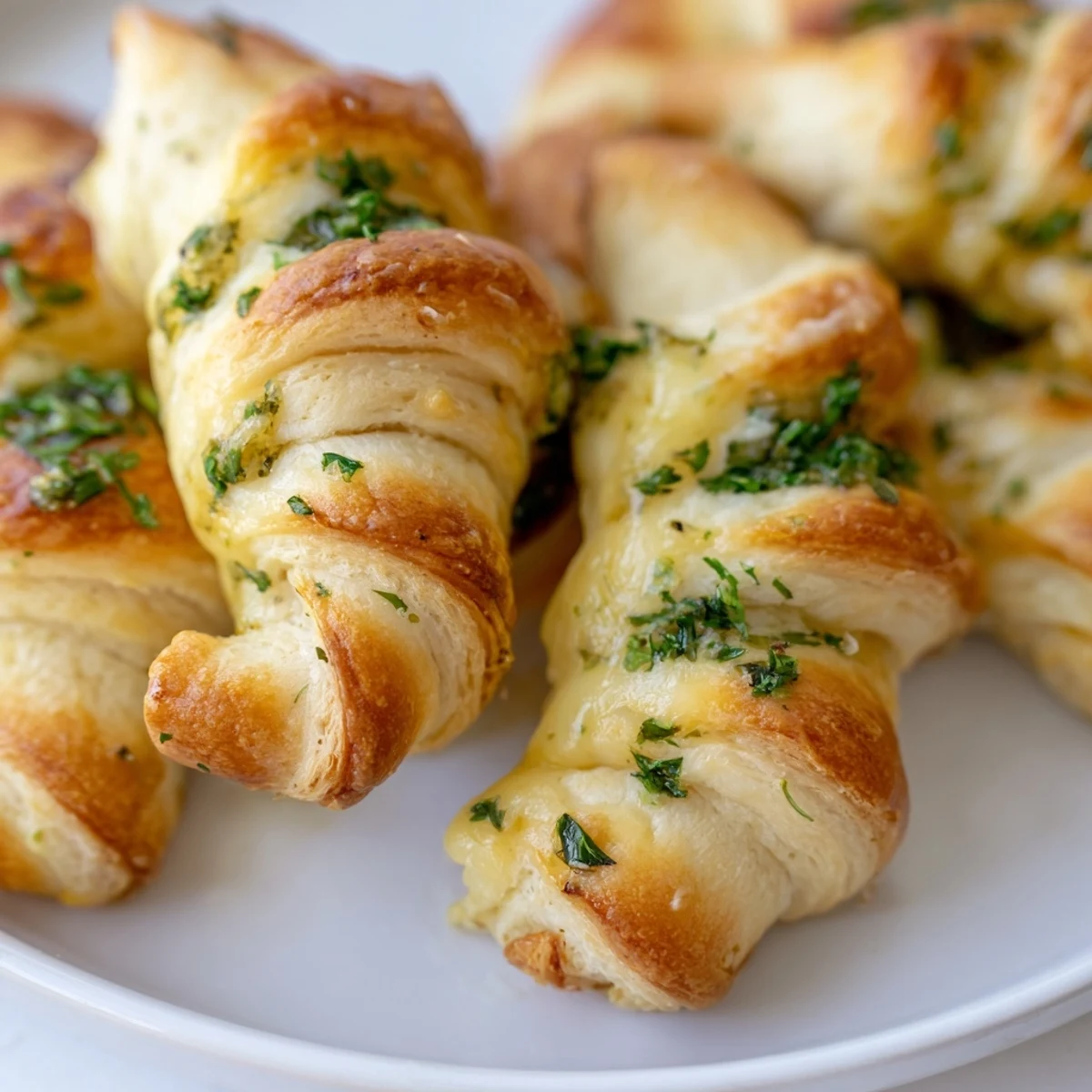 Gooey three-cheese stuffed crescent rollups with garlic herb butter served warm on a rustic wooden board