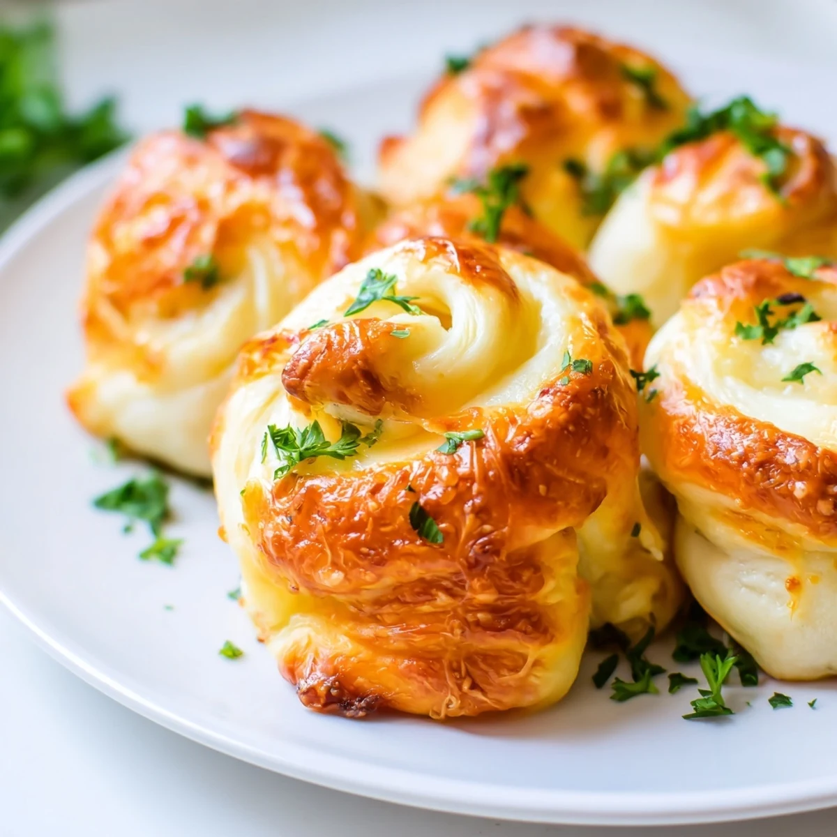 Flaky baked cheesy garlic butter rollups with bubbling cheese filling arranged on parchment paper for appetizers