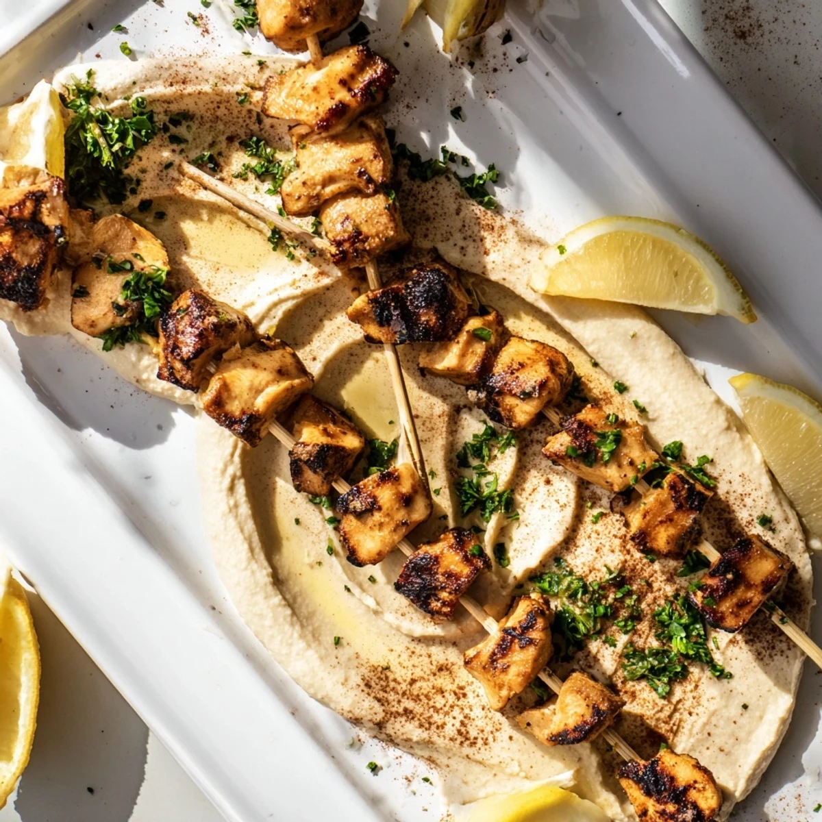 Golden Mediterranean chicken skewers grilled to perfection over a bed of creamy homemade hummus spread