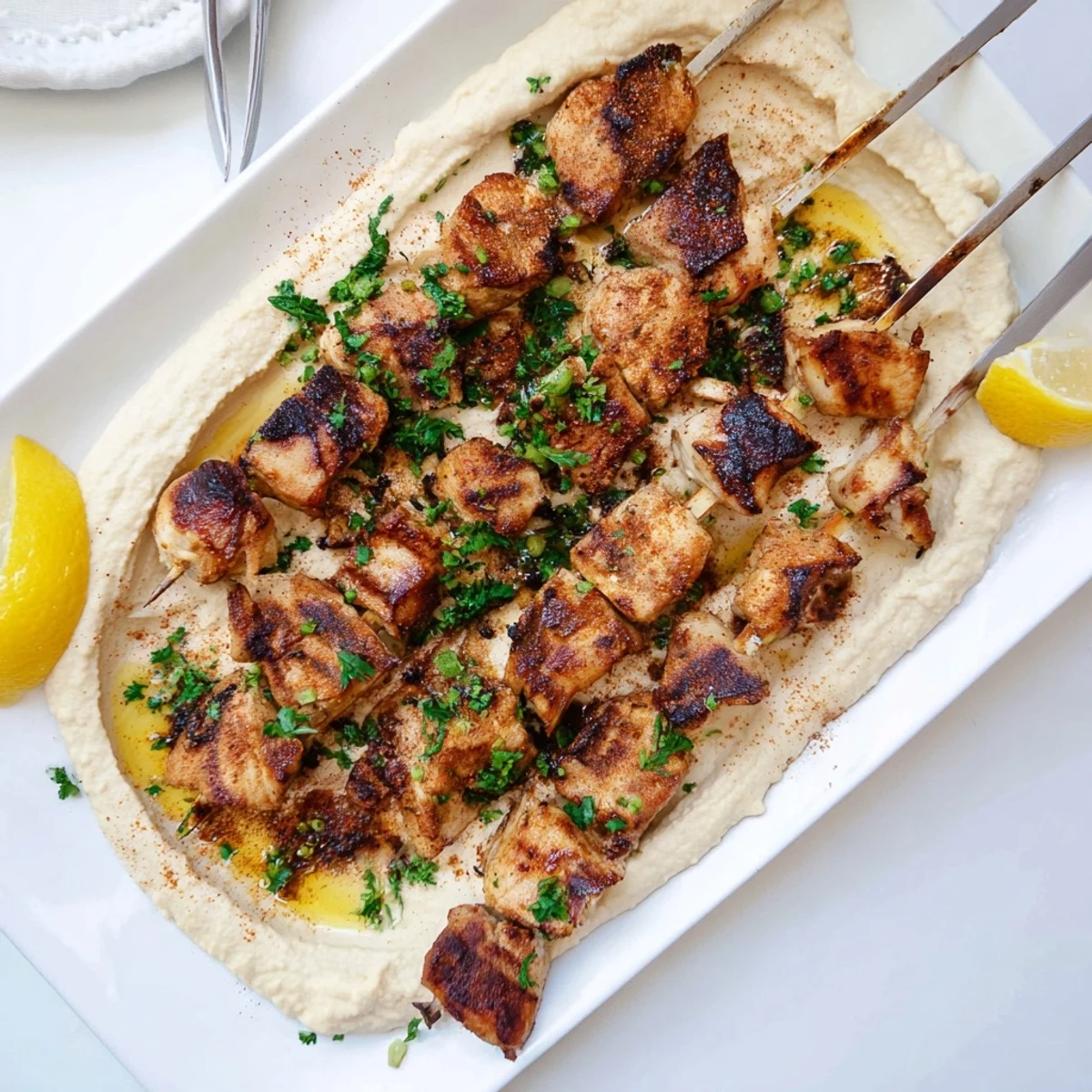 Tender marinated chicken skewers arranged on a white platter with smooth hummus and fresh parsley garnish