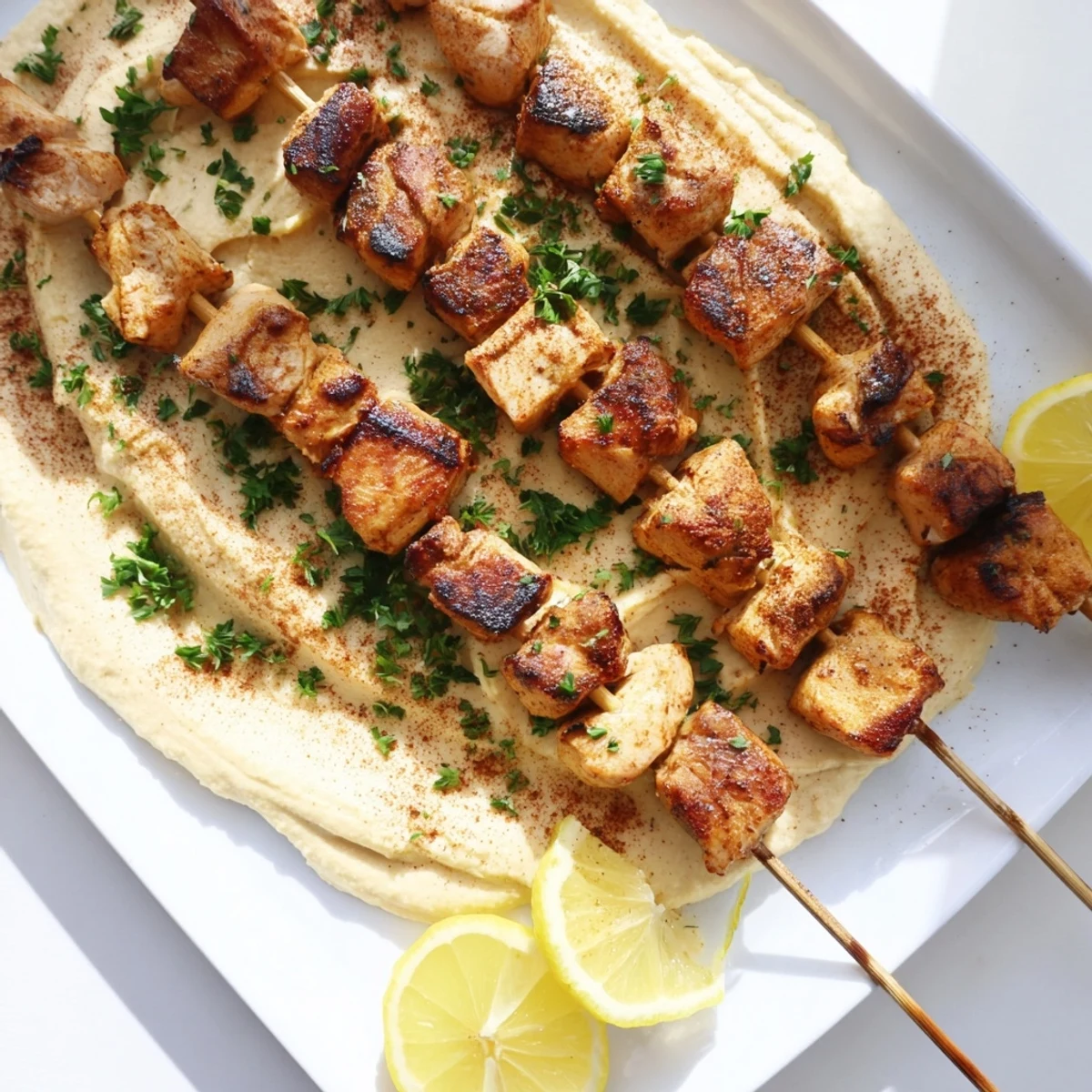 Succulent grilled chicken kabobs served atop velvety hummus spread with lemon wedges and pita bread