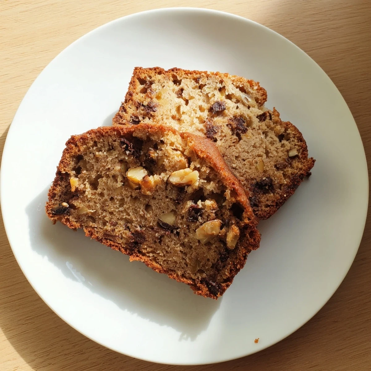 Moist protein banana bread oil free loaf topped with walnuts and drizzled with maple syrup