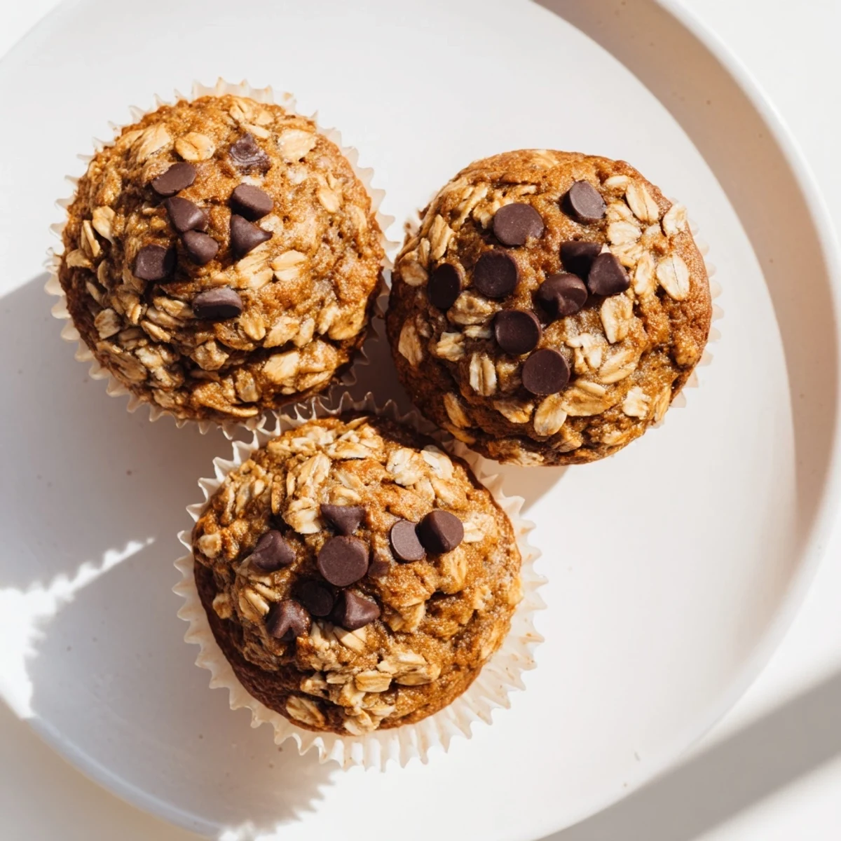 Soft moist banana chocolate chip muffins with oats displayed in a muffin tin, flecked with chocolate
