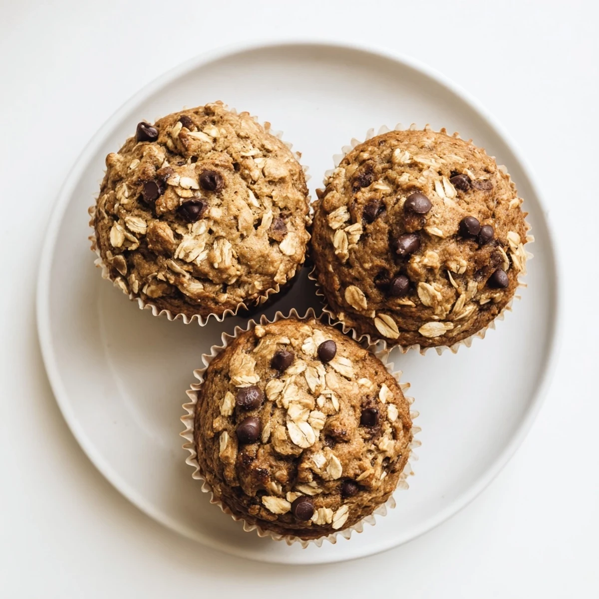 Golden homemade banana chocolate chip muffins with oats cooling on a wire rack, ready for breakfast