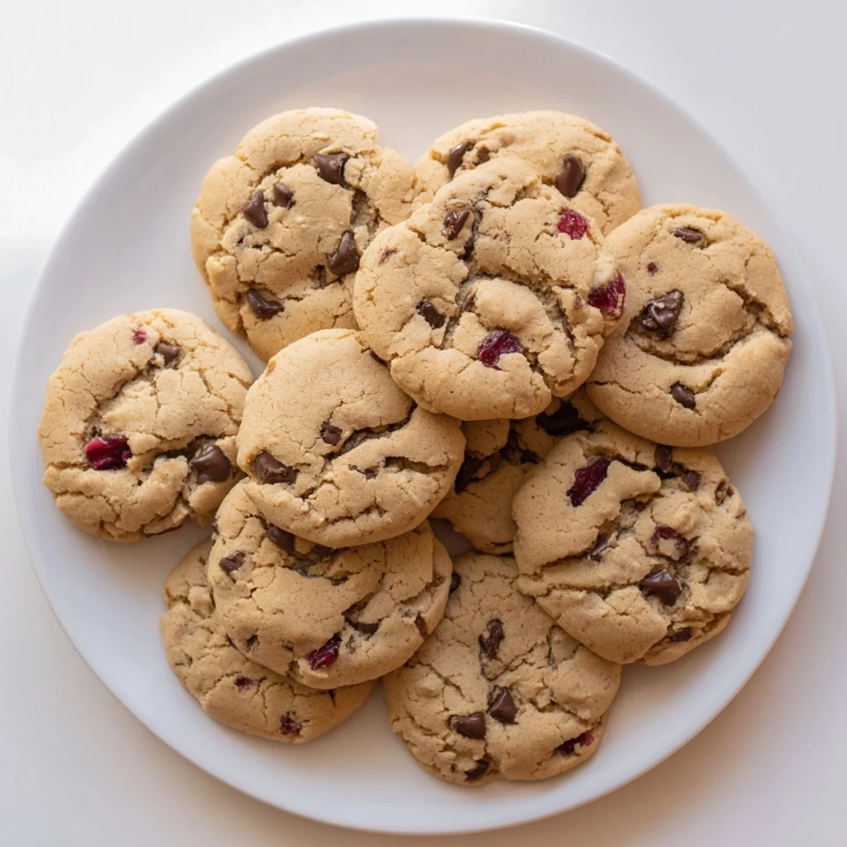 Freshly baked soft maraschino cherry chocolate chip cookies cooling on wire rack with gooey centers