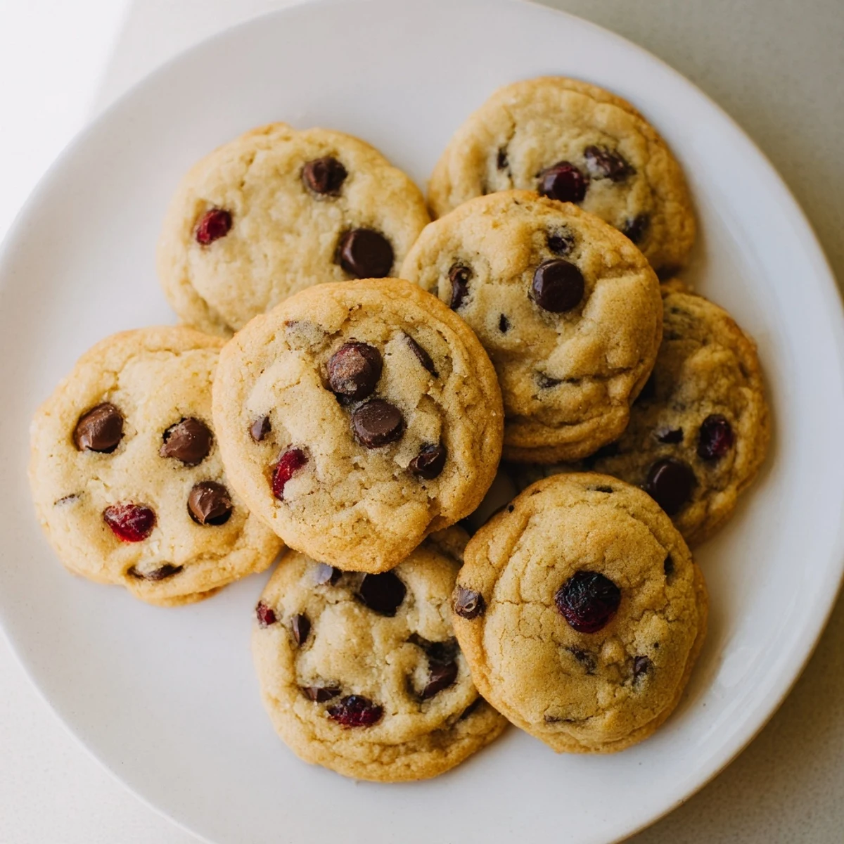 Golden brown maraschino cherry chocolate chip cookies with melted chocolate and bright red cherry pieces