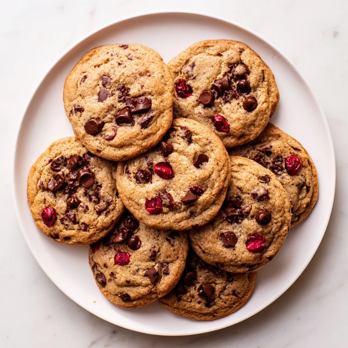 Close up of chewy maraschino cherry chocolate chip cookies showcasing scattered chocolate chunks and chopped cherries