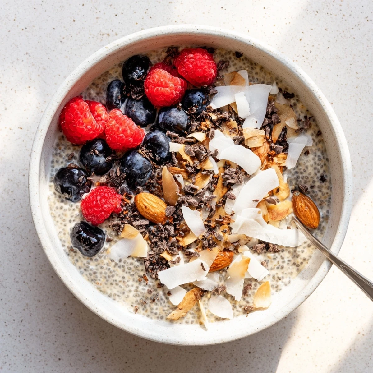 Creamy chia pudding recipes topped with fresh berries and shredded coconut in glass jars