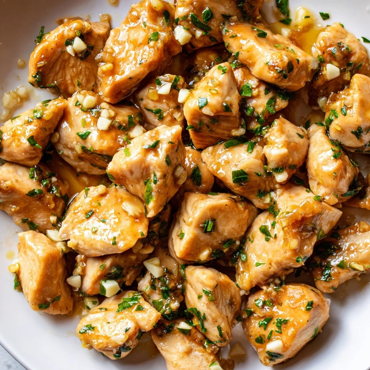 Golden brown garlic butter chicken bites garnished with fresh parsley in a white serving bowl