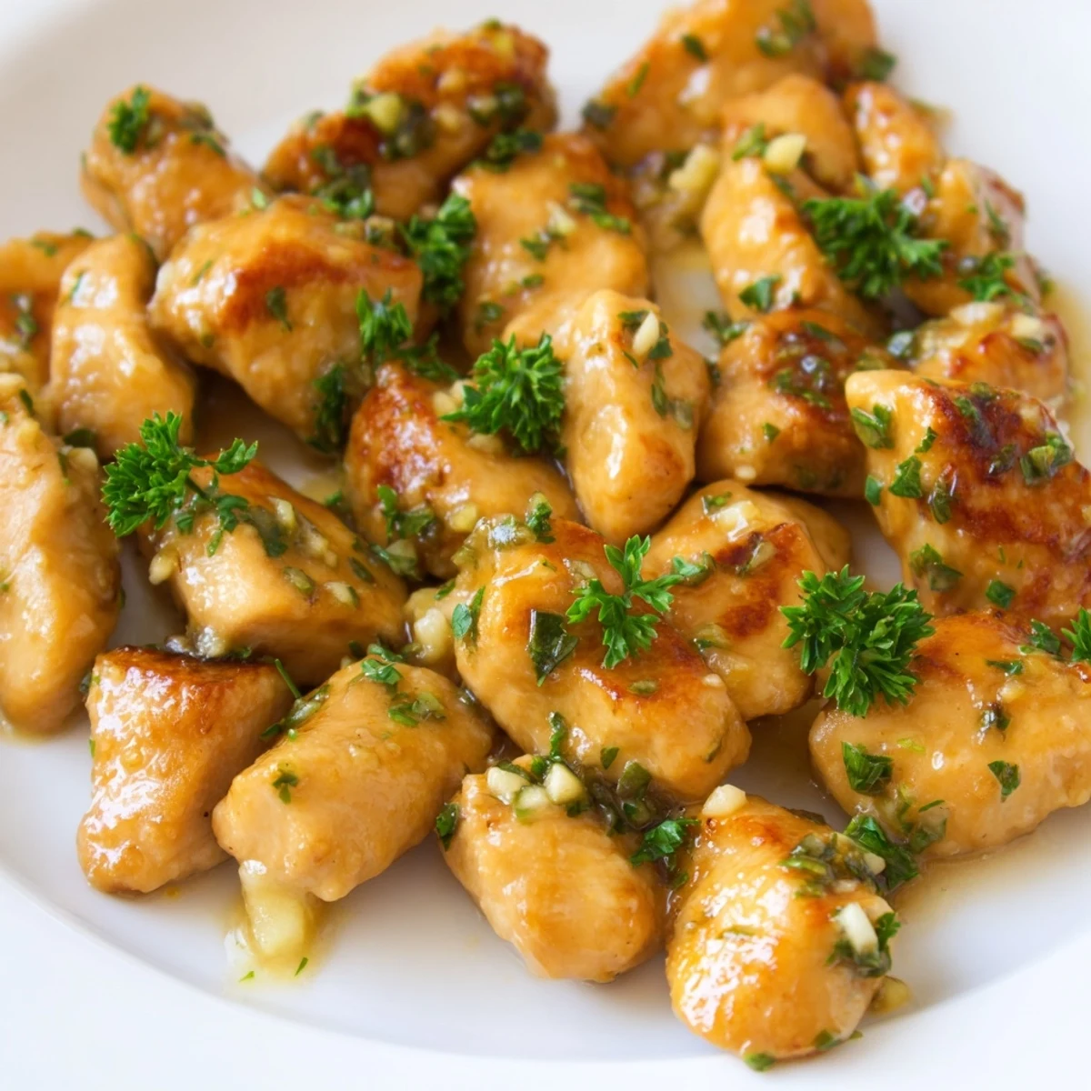 Tender pan-fried chicken pieces swimming in rich garlic butter sauce with chopped parsley sprinkles on top