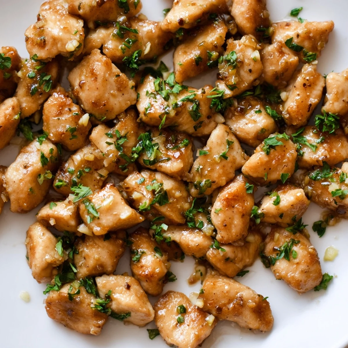 Savory golden chicken bites tossed in melted garlic butter and finished with vibrant green parsley