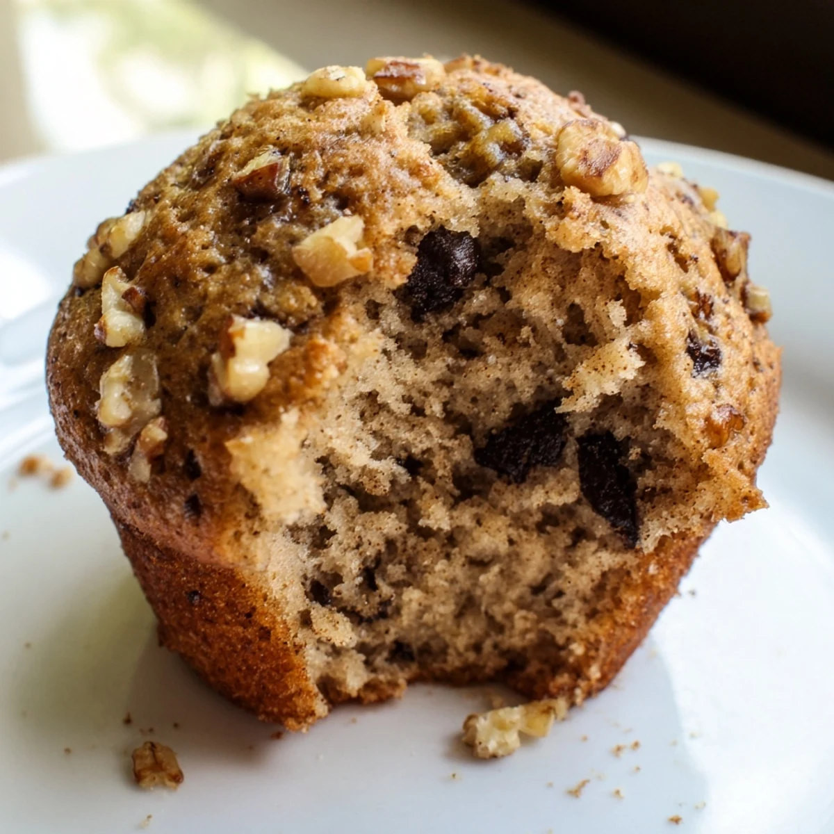 Freshly baked whole wheat banana nut muffins with ripe banana slices and crunchy pecans