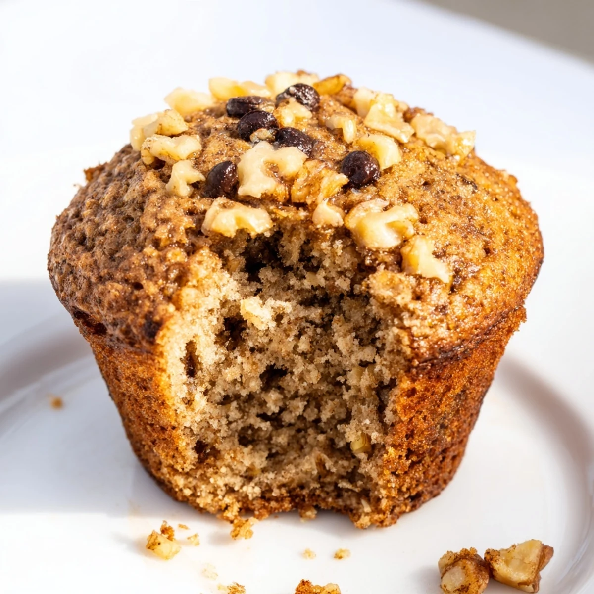 Golden healthy banana nut muffins topped with chopped walnuts on a wire cooling rack