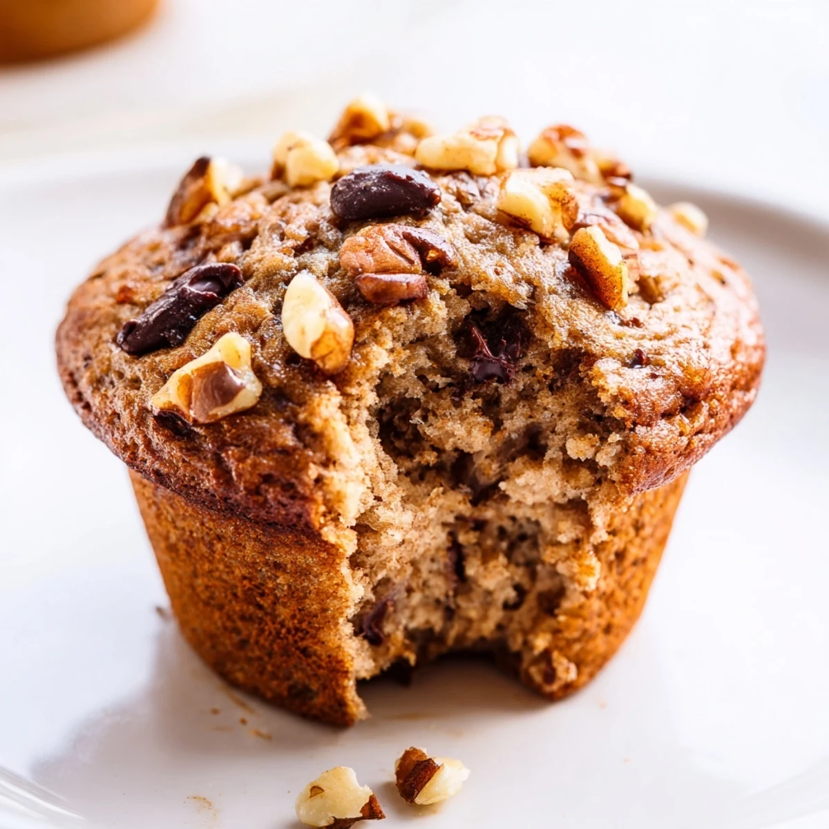 Moist wholesome banana nut muffins sprinkled with dark chocolate chips on a wooden board