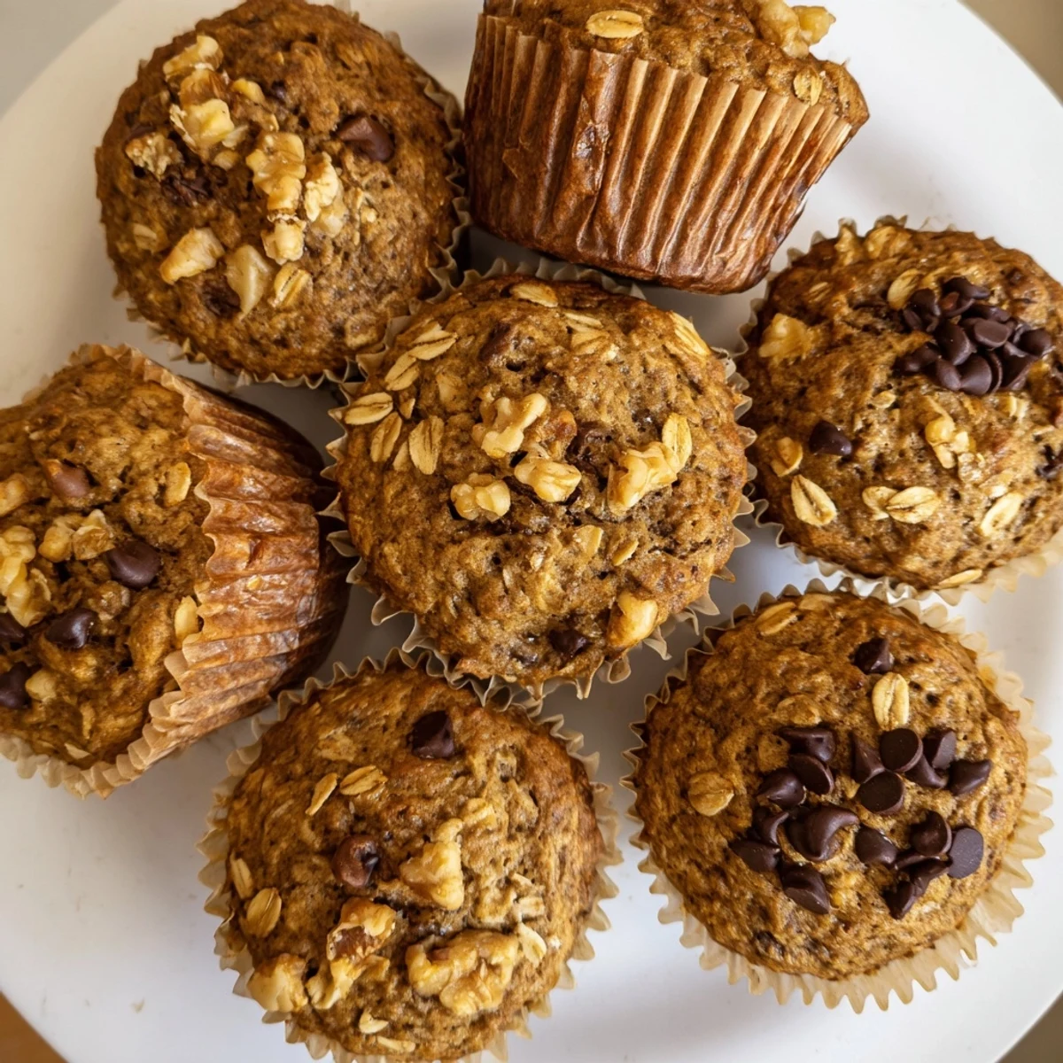Golden banana oatmeal muffins topped with oats and walnuts on a wooden board
