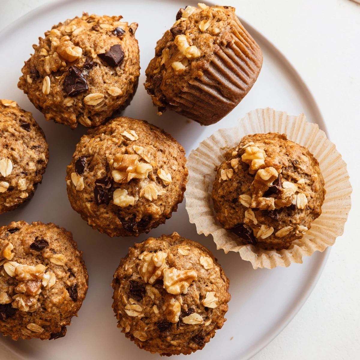 Freshly baked wholesome banana oatmeal muffins cooling on a wire rack with paper liners