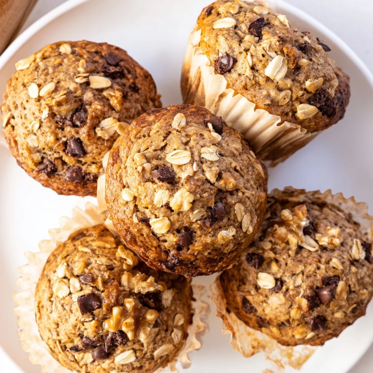 Moist banana oatmeal muffins with visible banana chunks and chocolate chip pieces inside