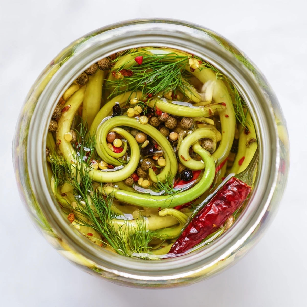 Glass jar filled with curly spicy pickled garlic scapes submerged in tangy vinegar brine