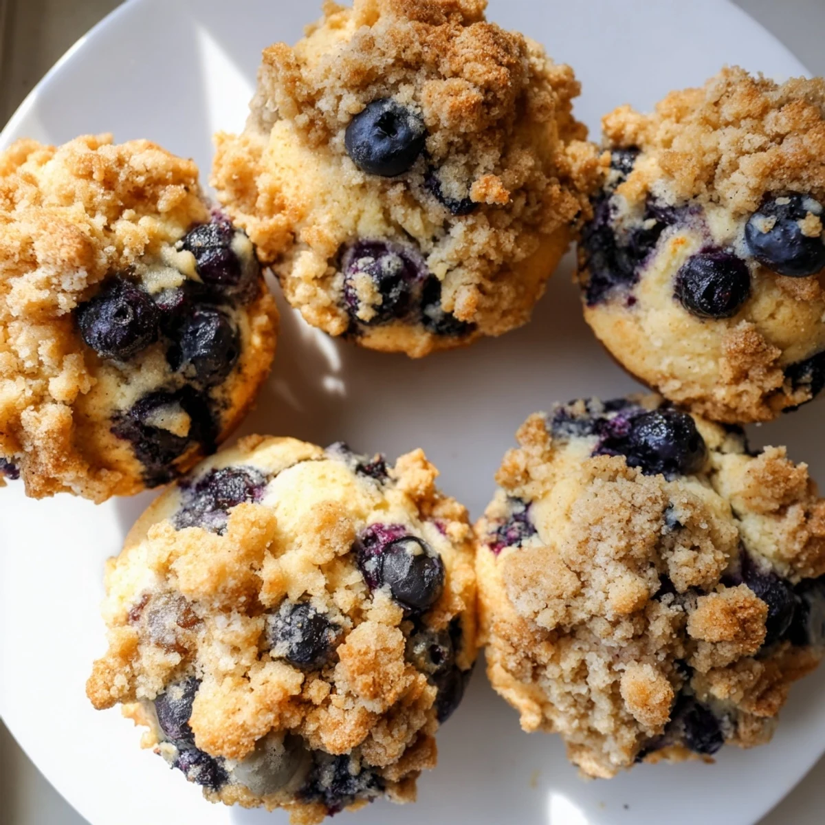 Golden blueberry muffin cookies topped with buttery cinnamon streusel on a white plate