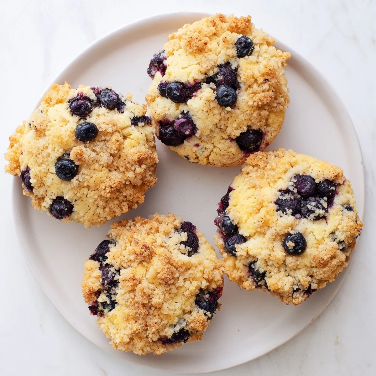 Freshly baked blueberry muffin cookies with golden streusel cooling on a wire rack