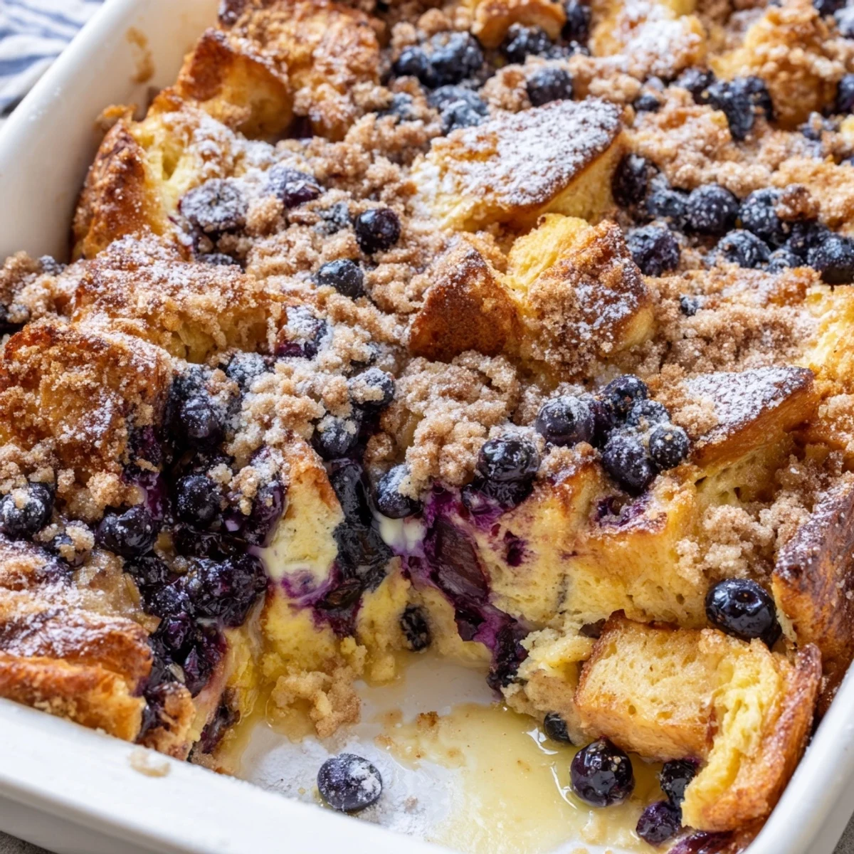 Golden blueberry cream cheese French toast casserole with crispy streusel topping on a rustic wooden board