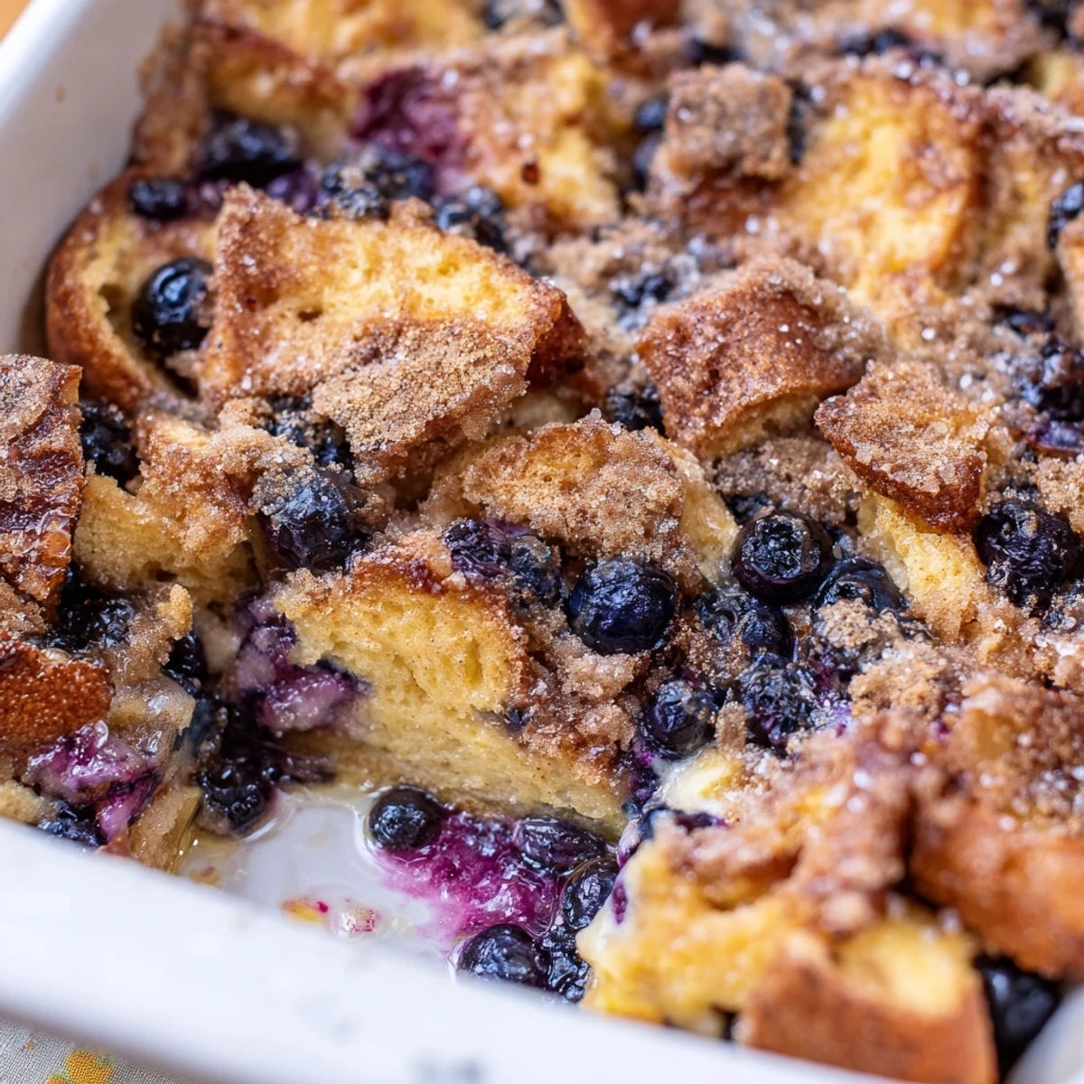 Baked blueberry cream cheese French toast casserole featuring juicy berries and melted cream cheese layers