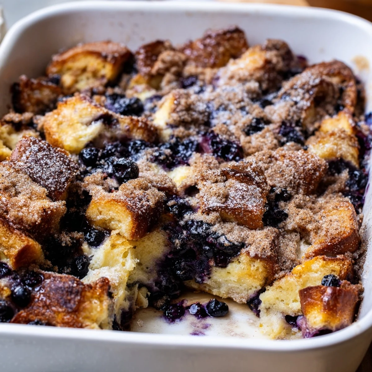 Squares of warm blueberry cream cheese French toast casserole dusted with powdered sugar for brunch