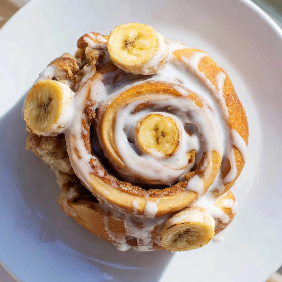 Golden banana cinnamon rolls spiral with sweet banana slices and melted cinnamon sugar