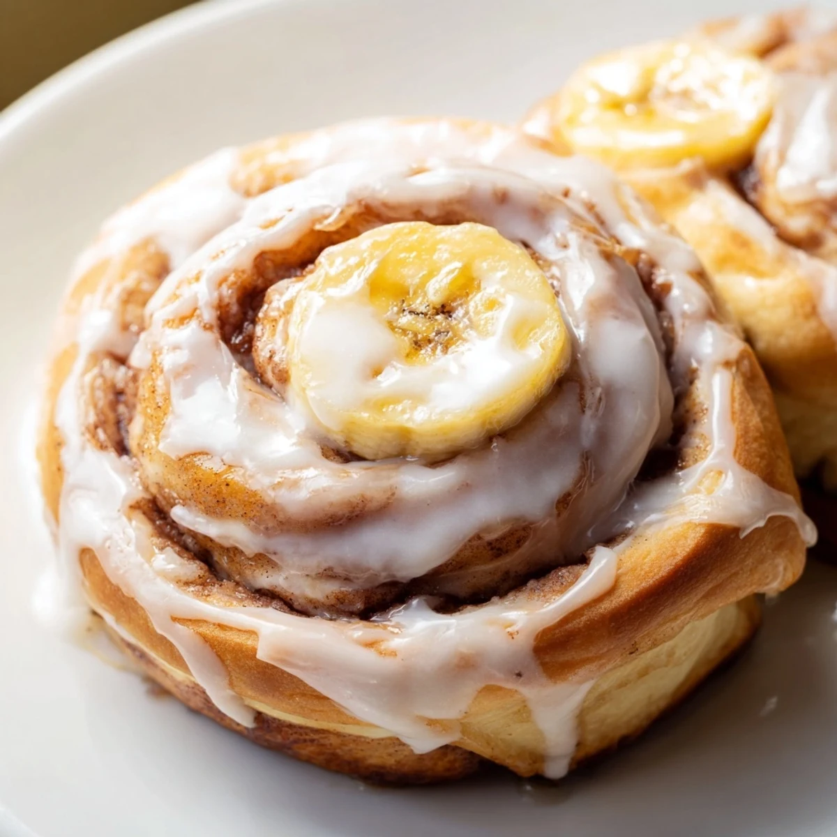 Warm banana cinnamon rolls topped with luscious cream cheese frosting ready for breakfast
