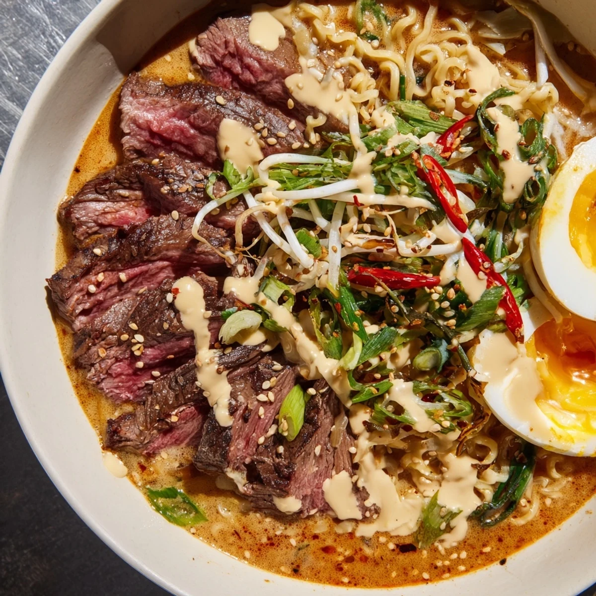 Bowl of spicy beef ramen with creamy garlic sauce topped with soft-boiled egg and fresh green onions