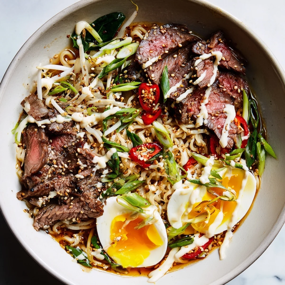 Japanese fusion spicy beef ramen featuring tender meat slices, savory broth, and luscious garlic cream topping