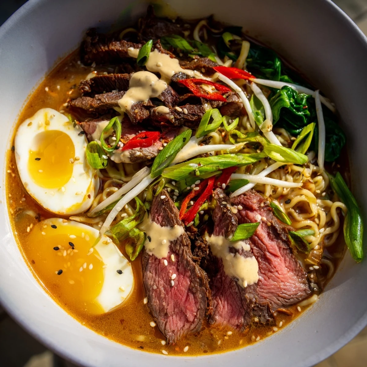 Steaming spicy beef ramen noodles in rich broth drizzled with velvety garlic cream sauce and sesame seeds