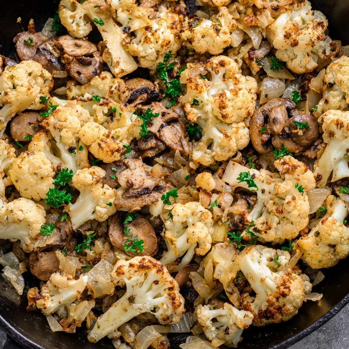 Golden-browned garlic mushrooms and cauliflower skillet sprinkled with fresh parsley in a cast iron pan
