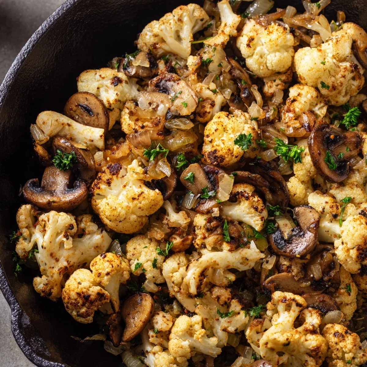 Savory vegetarian garlic mushrooms and cauliflower skillet with tender florets and sliced cremini mushrooms
