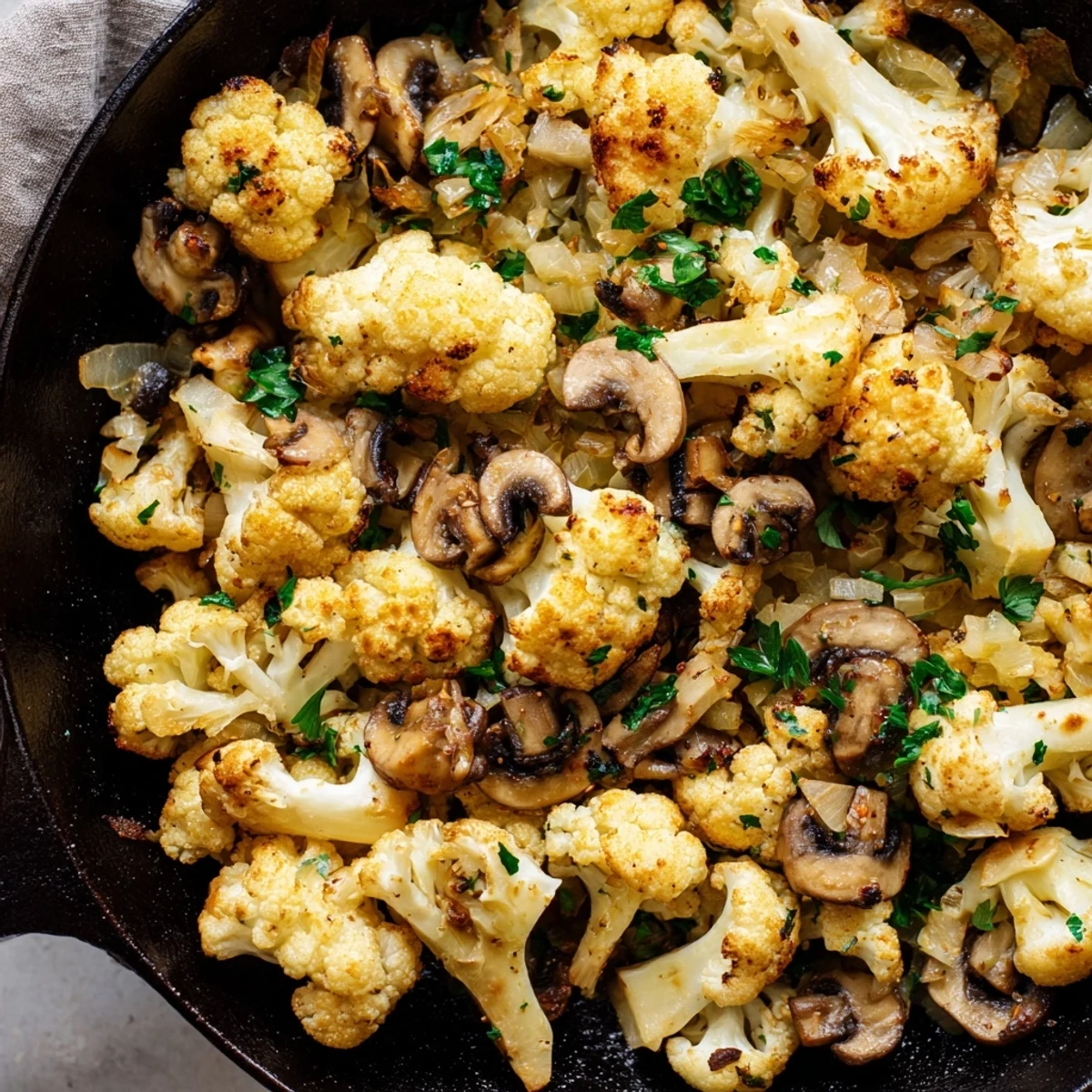 Steaming garlic mushrooms and cauliflower skillet dish garnished with herbs on a wooden table