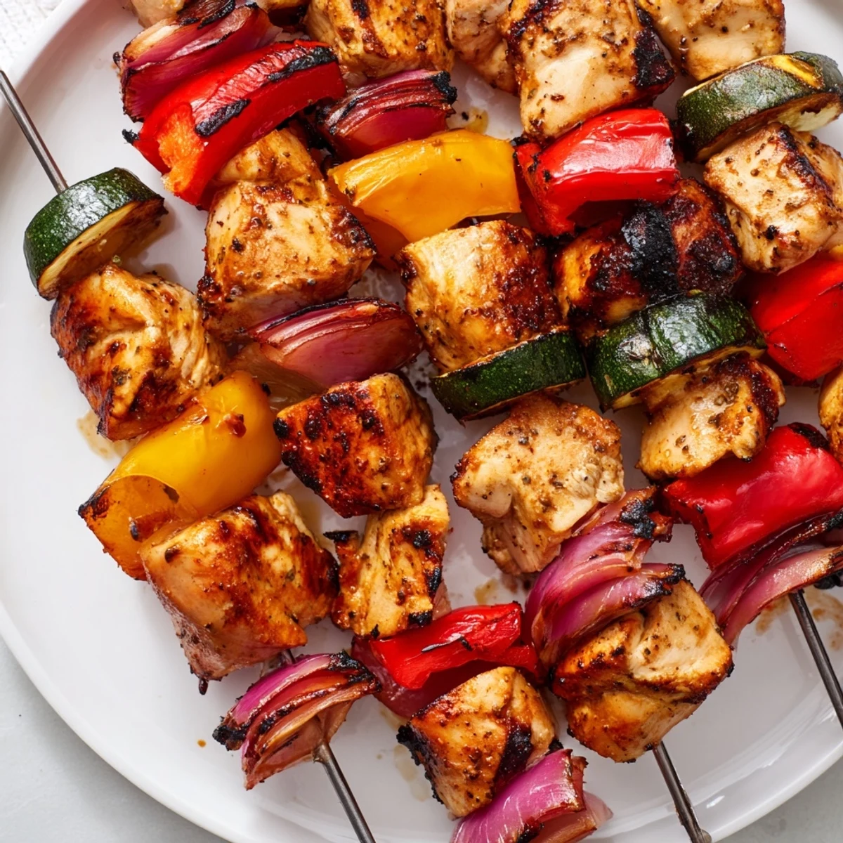 Close-up of Chicken Kabobs On The Grill glistening, skewered with colorful vegetables.