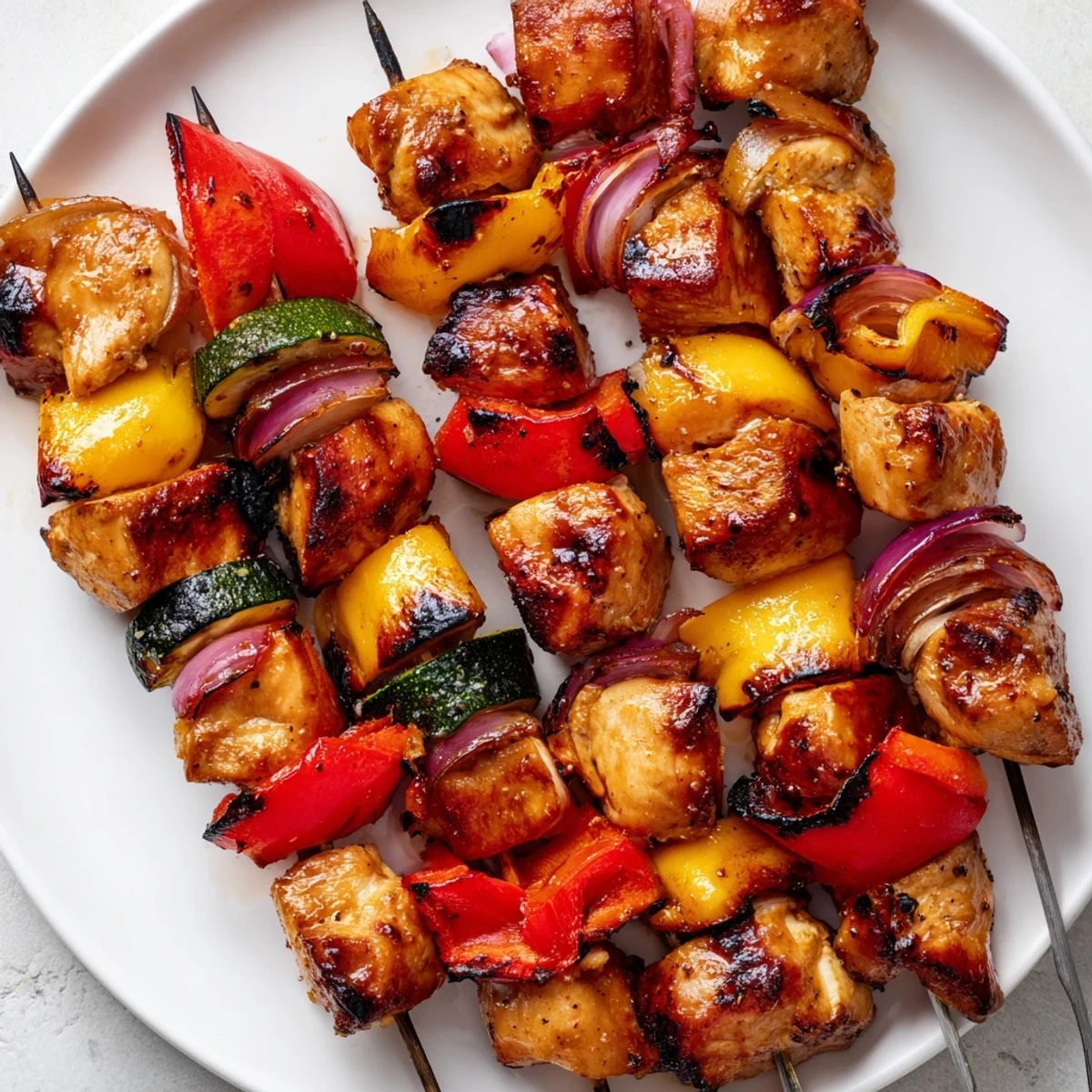 Family-style platter of Chicken Kabobs On The Grill served hot with lemon.