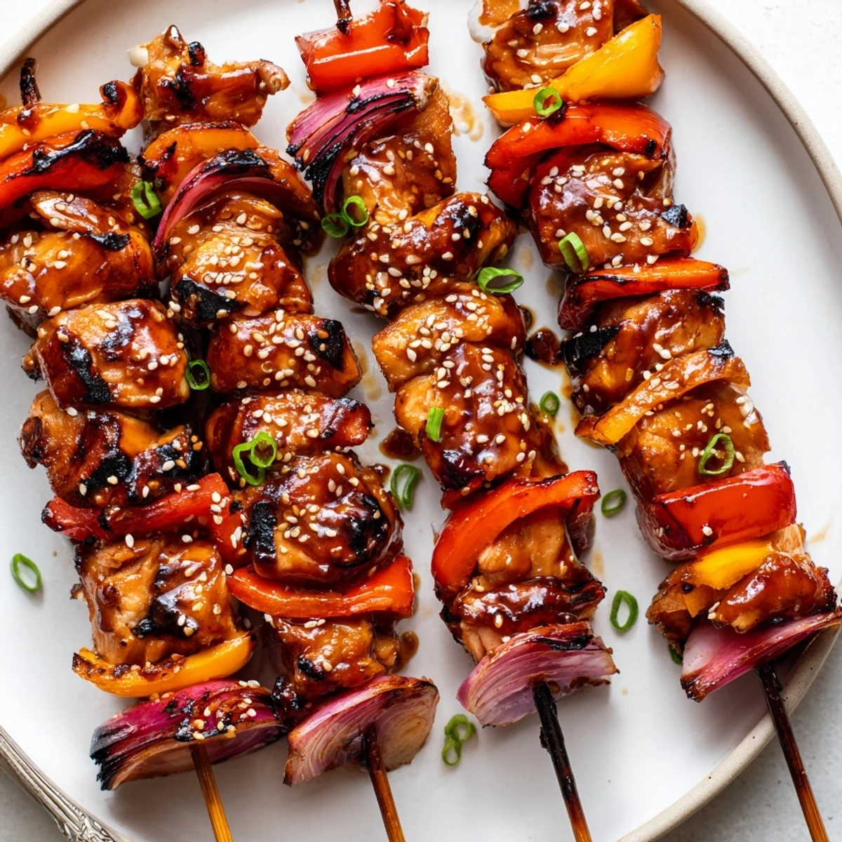 Juicy Chicken Skewers With Korean BBQ Sauce, charred edges and sesame garnish