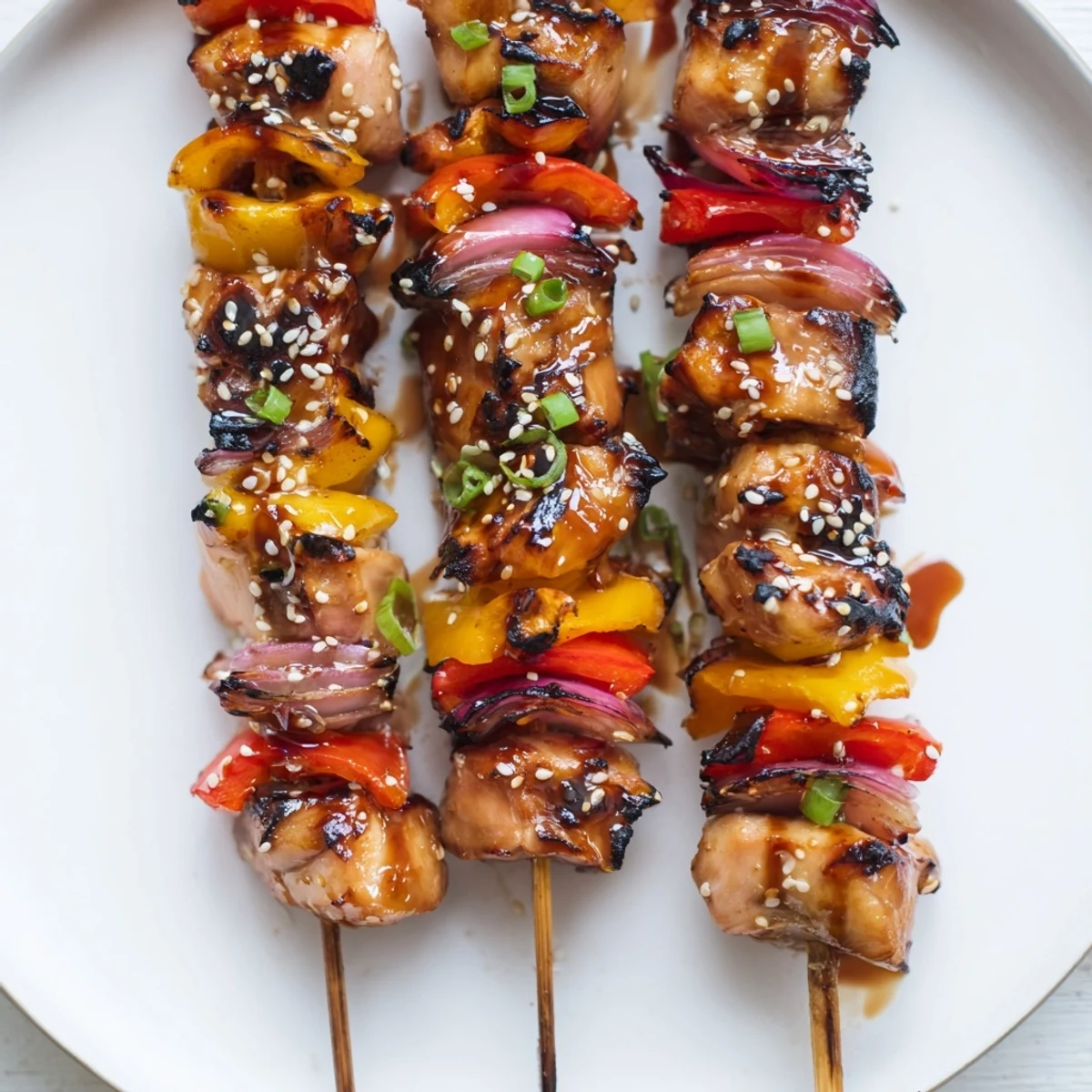 Marinated Chicken Skewers With Korean BBQ Sauce, bell peppers and scallions visible